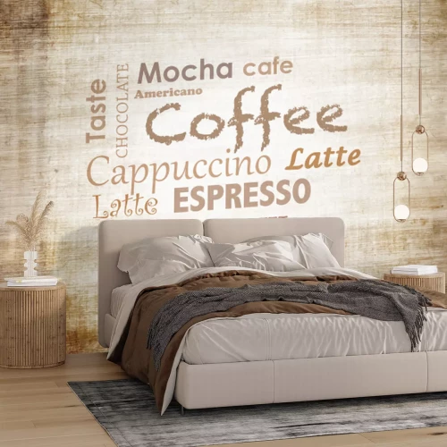 Fotobehang Koffiesoorten geschreven op hout