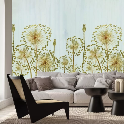 Fotobehang Gouden bloemen op een strakgrijze achtergrond