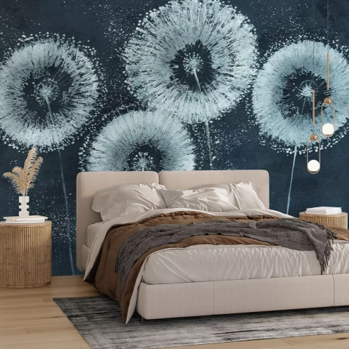 Fotobehang Muurschildering met witte paardenbloemen