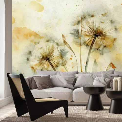 Fotobehang Een delicate aquarel met een paardenbloemmotief