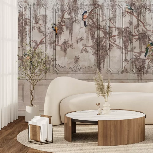 Fotobehang Stucwerk met bosvogels en takken