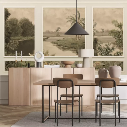 Fotobehang Tropische rivier met stucwerkpalmen