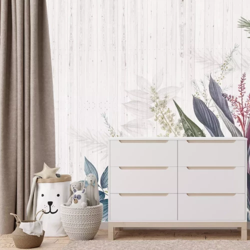 Fotobehang Kleurrijke tropische bladeren op hout