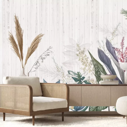 Fotobehang Kleurrijke tropische bladeren op hout