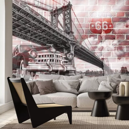 Fotobehang Retro-auto met de Brooklyn Bridge en Route 66 op de achtergrond