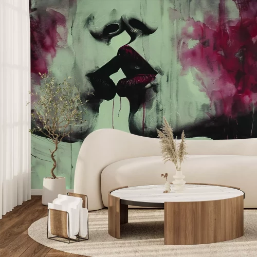 Fotobehang Kus van vrouwen met rode lippen