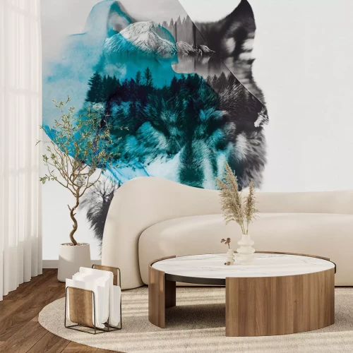 Fotobehang Abstract portret van een witte wolf in het bos