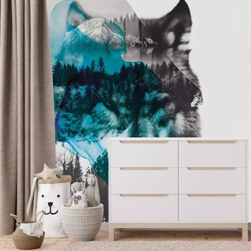 Fotobehang Abstract portret van een witte wolf in het bos