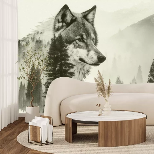 Fotobehang Een wolf omringd door een naaldbos