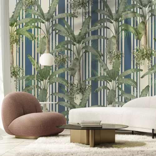 Fotobehang Palmbladeren op een achtergrond van blauwe strepen