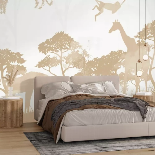 Fotobehang Jungle met giraffen en apen