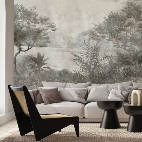 Fotobehang Weelderige bosvegetatie in grijs