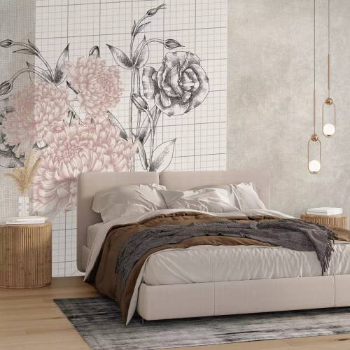 Fotobehang Bloemmotief met pioenrozen en rozen op een trellis