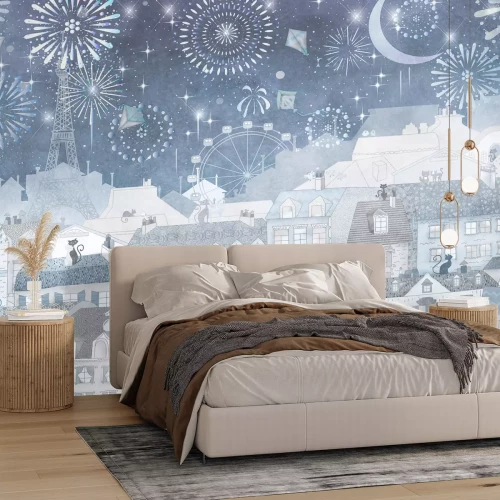 Fotobehang Een stad met de Eiffeltoren en vuurwerk