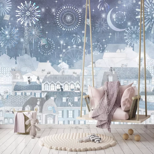 Fotobehang Een stad met de Eiffeltoren en vuurwerk