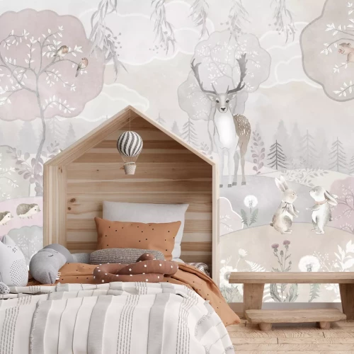 Fotobehang Bloeiende heuvels met herten en bomen