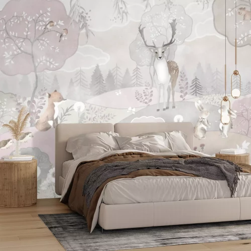 Fotobehang Bloeiende heuvels met herten en bomen