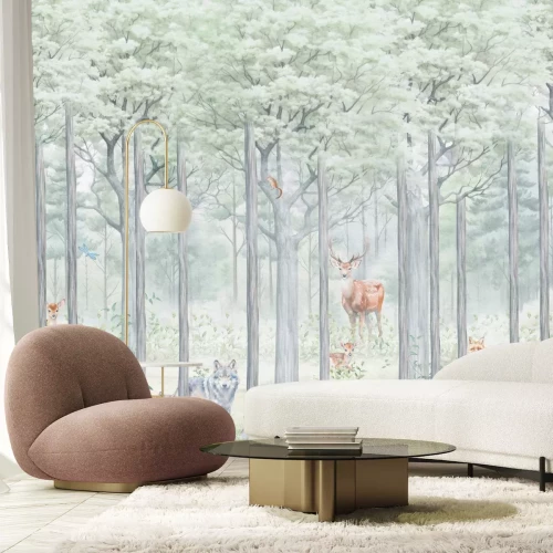 Fotobehang Bos met wilde dieren: wolf en hert