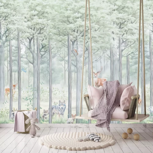 Fotobehang Bos met wilde dieren: wolf en hert