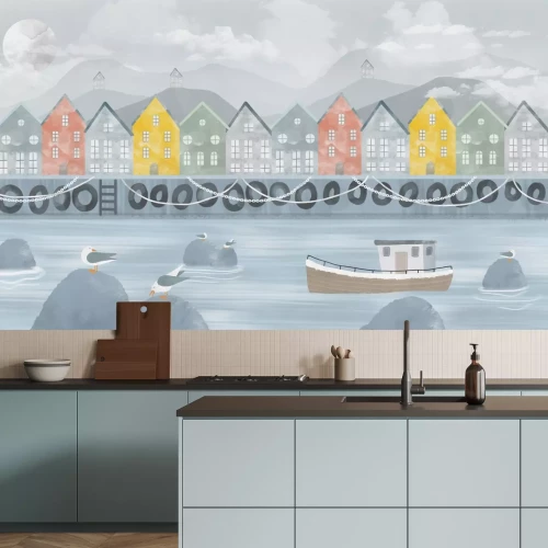 Fotobehang Kleurrijke huizen aan de rivier met een boot