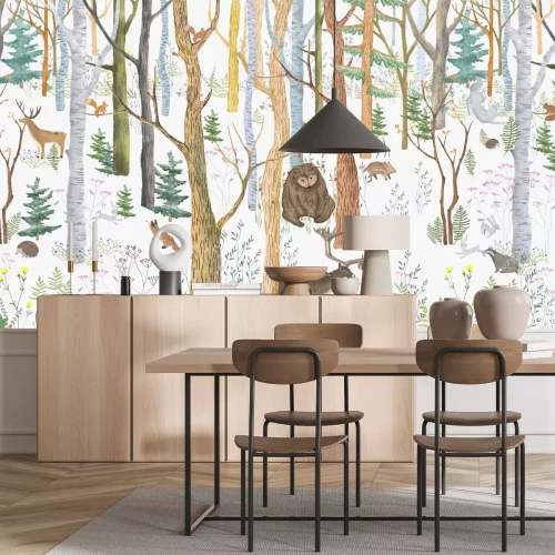 Fotobehang Een bos met dieren en weelderige vegetatie