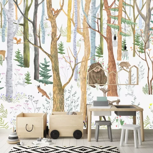 Fotobehang Een bos met dieren en weelderige vegetatie