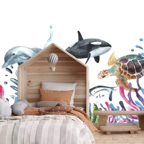 Fotobehang Dolfijn en schildpad tussen zeeplanten