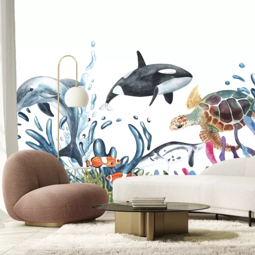 Fotobehang Dolfijn en schildpad tussen zeeplanten