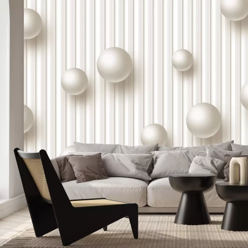 Fotobehang Crèmekleurige 3D-ballen op een gestreepte achtergrond