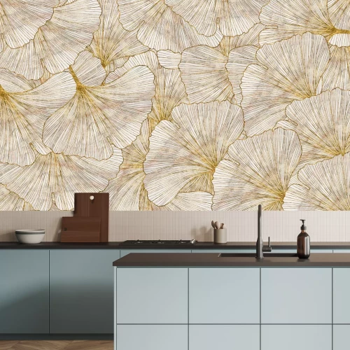 Fotobehang Tekening van gouden ginkgobladeren