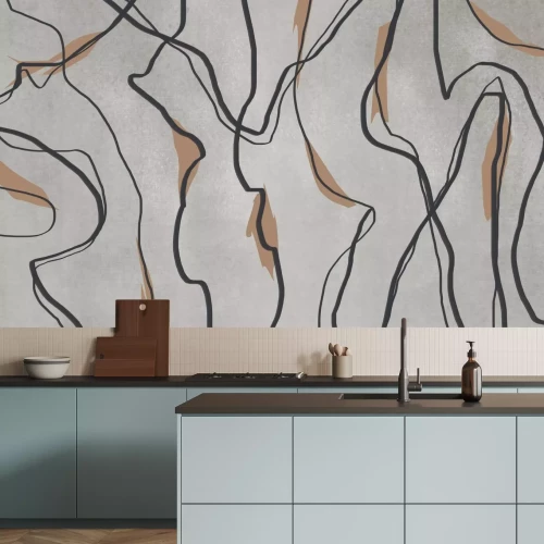 Fotobehang Zwarte golvende lijnen op een grijze achtergrond