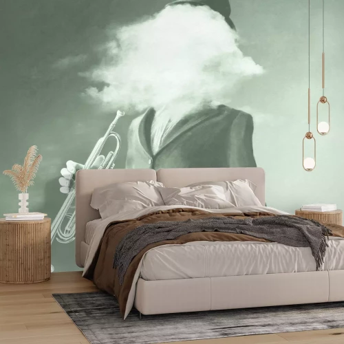 Fotobehang Man met trompet en mistig gezicht, artistiek portret