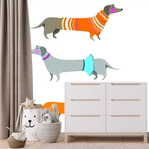 Fotobehang Teckels in kleding met een artistiek motief