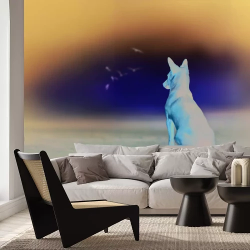 Fotobehang Een hond met het strand en de zee op de achtergrond