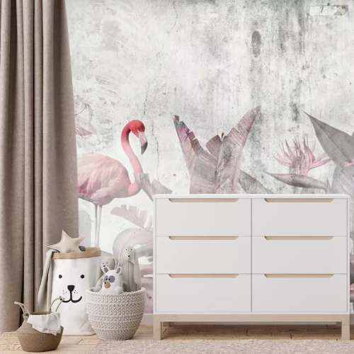 Fotobehang Tropische bladeren en flamingo&#39;s