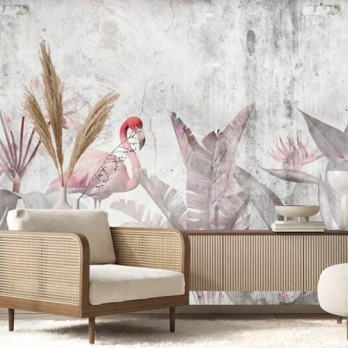 Fotobehang Tropische bladeren en flamingo's