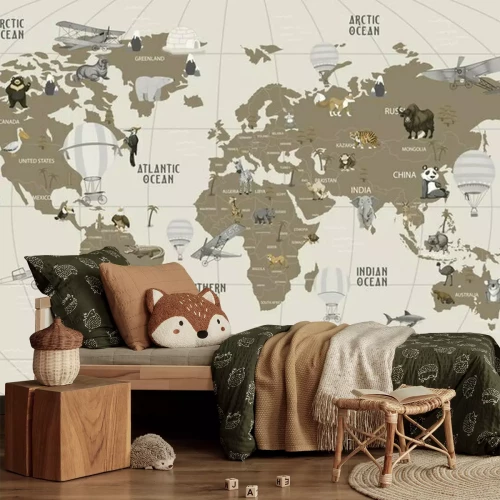 Fotobehang Wereldkaart met dieren voor kinderen
