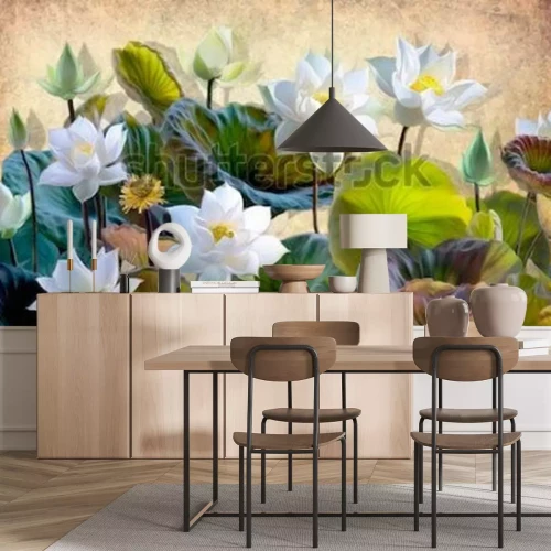 Fotobehang 3D lotusbloemen tussen groene bladeren