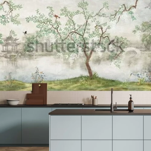 Fotobehang Boom en vogels in een Japanse tuin