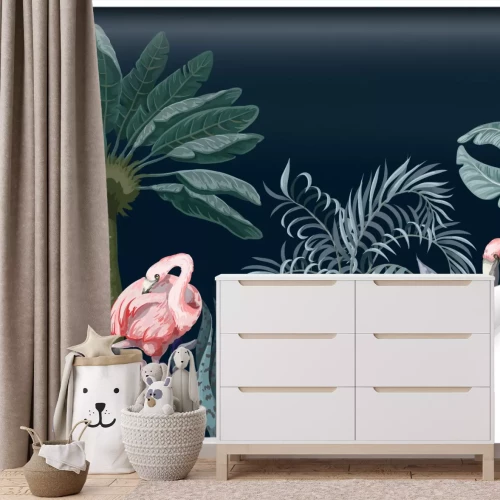 Fotobehang Flamingos und exotische Pflanzen