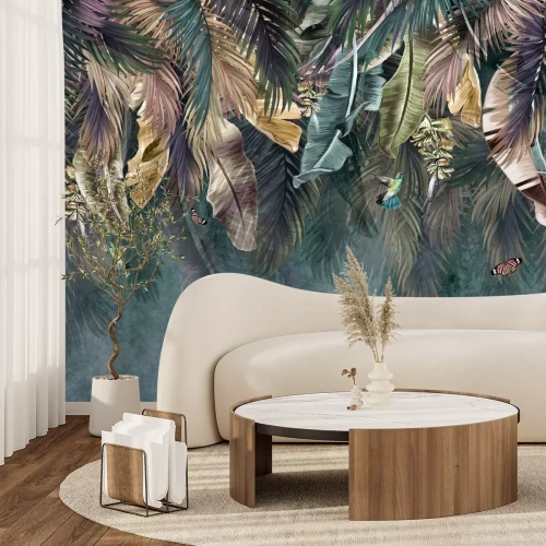 Fotobehang Hangende bladeren en vogels tussen de planten