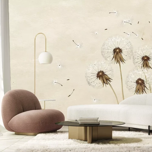 Fotobehang Paardenbloemen met zaden die in de wind waaien