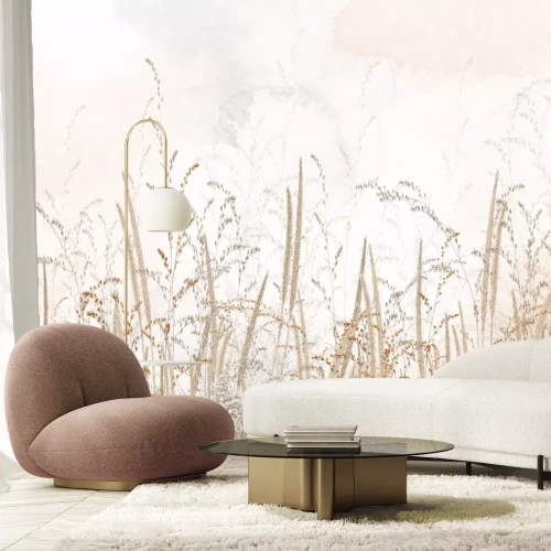 Fotobehang Wilde weide met grassen op een beige achtergrond