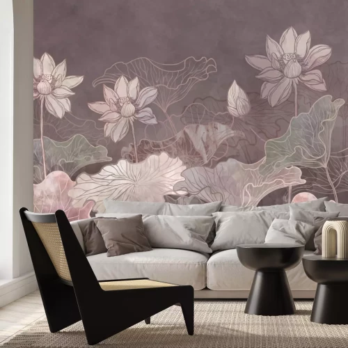 Fotobehang Getekende roze leliebloemen en bladeren