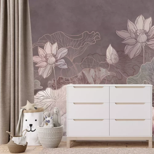 Fotobehang Getekende roze leliebloemen en bladeren