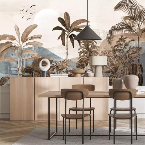 Fotobehang Jungle met palmbomen tegen de achtergrond van bergen