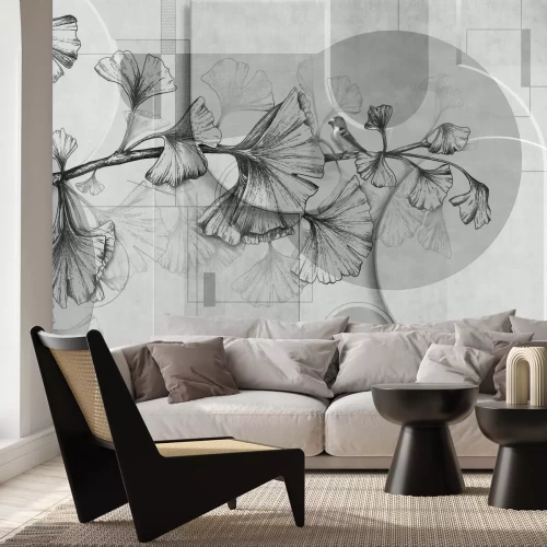 Fotobehang Bladeren op een grijze geometrische achtergrond