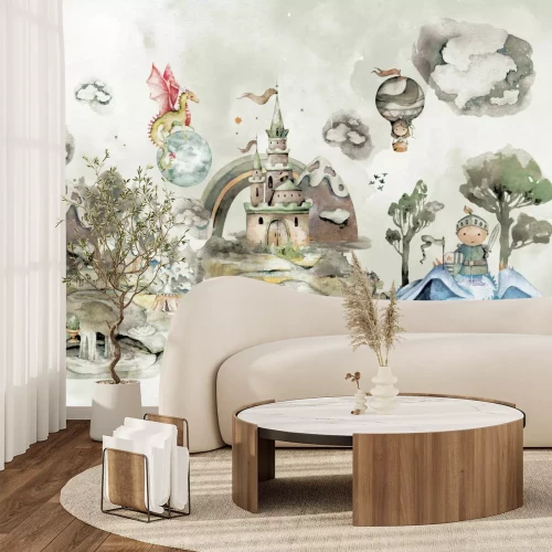 Fotobehang Een ridder en een draak in een sprookjesachtige scène