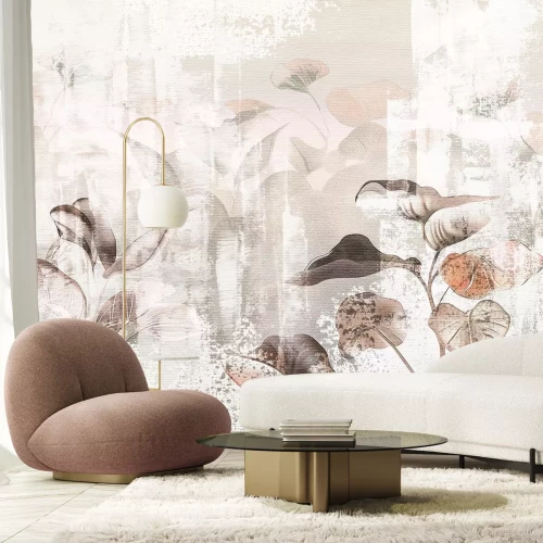 Fotobehang Aquarelbladeren op een betonnen muur