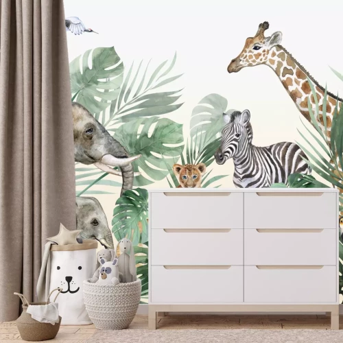 Fotobehang Wilde dieren tussen de monsterabladeren